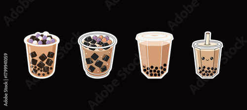 Delicious Bubble Tea and Boba Drink Cartoon Sticker Set Vector Illustration Collection Isolated on Black Background