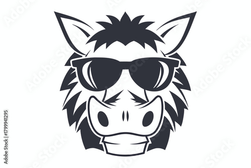 Stylized donkey head wearing dark sunglasses presents a simple, cool, and modern minimalist animal mascot