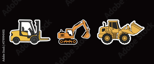 Heavy Construction and Industrial Machinery Cartoon Sticker Set: Forklift, Excavator, and Wheel Loader Vector Illustration