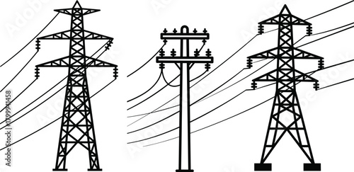 High voltage electricity towers and utility pole illustration, power line infrastructure silhouette set, energy grid distribution cables, industrial electrical network design