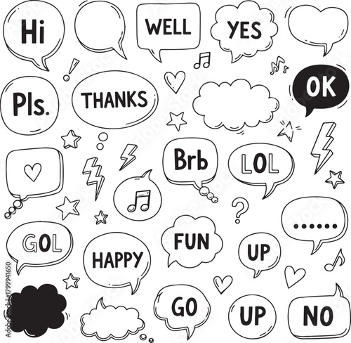 Hand drawn speech bubbles doodle pattern with internet slang and chat words