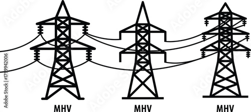 High voltage transmission tower vector set, electrical power line pylons illustration, energy grid infrastructure artwork, MHV electricity network design