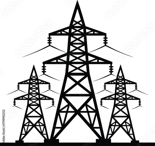 High voltage transmission towers silhouette illustration, electrical power pylons with wires, energy grid infrastructure vector for industrial electricity distribution design