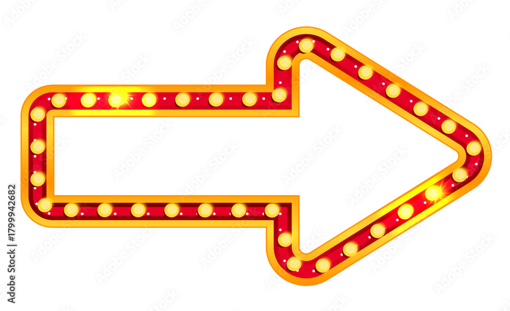 Obraz premium Retro arrow marquee sign with light for circus, casino or carnival with red border lightbox. Board element for broadway showtime or billboard sale. Isolated Vegas sparkle and flare lamp vector