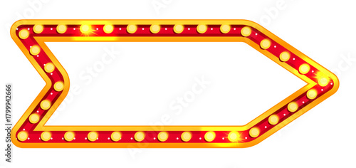 Arrow light sign. Marquee retro lightbox. Circus, casino or carnival sale board. Red border shape for quiz billboard, vegas showtime or direction element. Isolated sparkle flare with lamp banner