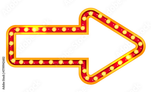 Retro arrow marquee sign with light for circus, casino or carnival with red border lightbox. Board element for broadway showtime or billboard sale. Isolated Vegas sparkle and flare lamp vector