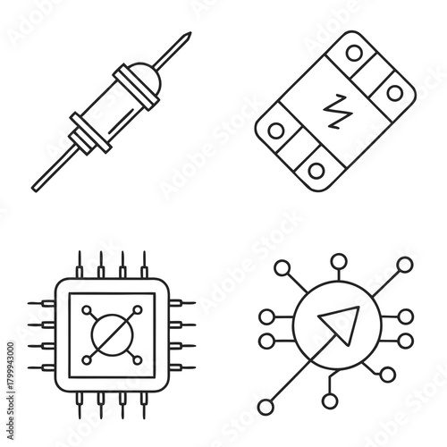 Line art illustration of electronic components isolated on