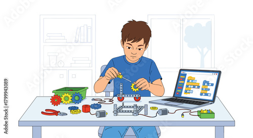 Young boy enthusiastically building futuristic robot with laptop coding educational STEM project at desk