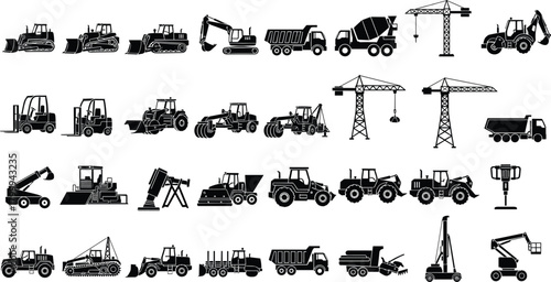 Massive construction machinery silhouette set with excavators, bulldozers, cranes, dump trucks, forklifts and industrial heavy equipment vector for building projects