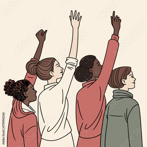 Diverse group of women stand together with raised hands isolated on