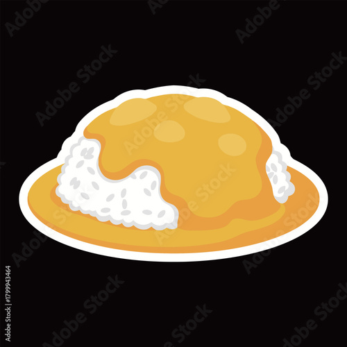 Traditional Japanese Curry Rice Dish Sticker Design Vector Illustration with White Rice and Golden Yellow Sauce Served on a Plate Food.