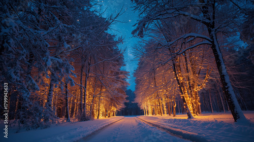 Magical snowy forest with lights
Snow-covered forest lit by glowing fairy lights.
