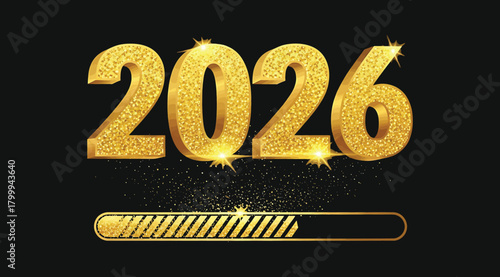 Golden glittering numbers 2026 with a loading bar, symbolizing the upcoming new year and progress towards it, set against a dark background with sparkling particles