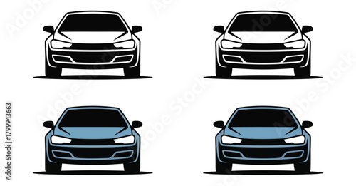  Front view car icon set in black, white, and blue variants, ideal for automotive design, UI, branding, and transport visuals
