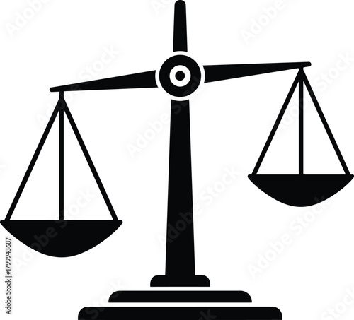 Scales of justice icon, black law symbol, balance sign, legal pictogram, court, judgment, weight scale, vector illustration, isolated graphic element, equality.