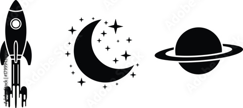 Rocket, moon with stars, and planet with rings, space exploration icons, cosmic silhouette set, sci-fi graphic elements for creative design