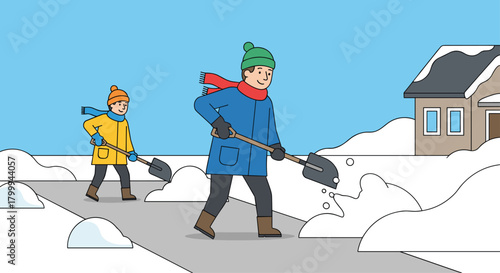 Happy family members working together to clear snow from their driveway on a bright winter day