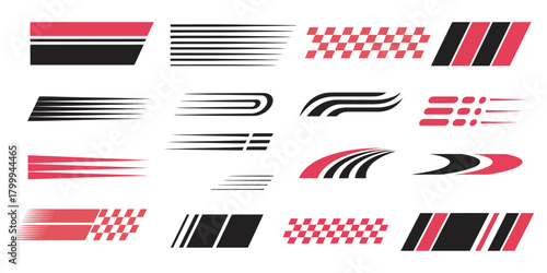 Racing stripes and vehicle graphics with sleek linear decals, bold motion lines, modern sport styling, high-speed stripe patterns, perfect for custom car design projects.