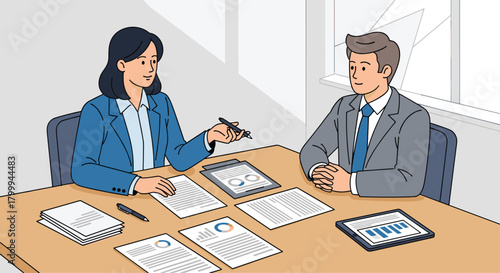 Professional colleagues collaborating on business strategy during a productive meeting with charts and documents spread across a modern desk