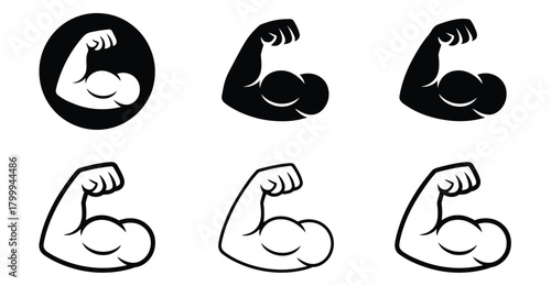  Flexed arm icon set in solid and outline styles, symbolizing strength, fitness, and health for UI, branding, and wellness design