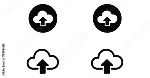  Cloud upload icon set in solid and outline styles with arrow variations, perfect for UI, tech, data, and digital storage visuals