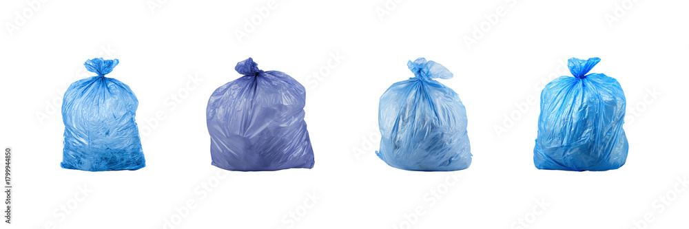 Fototapeta premium Four Blue Plastic Garbage Bags Set. Waste Management And Environmental Awareness Collection Isolated On Transparent Background