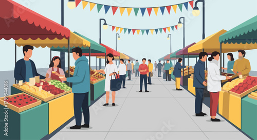 Vibrant outdoor market scene with diverse shoppers and vendors browsing fresh produce under colorful bunting
