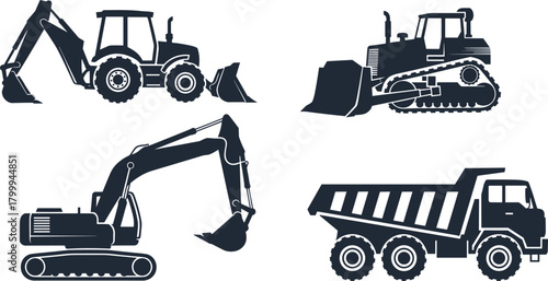 Set of heavy construction vehicles including excavator, bulldozer, tractor loader and dump truck, industrial machinery silhouettes for building and earthmoving work