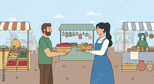 Smiling farmer offers fresh apples and baker presents delicious artisan bread at bustling vibrant outdoor market stall