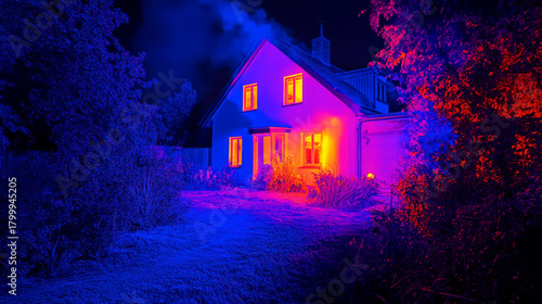 House lit with thermal imaging colors under night sky. Concept of thermal energy and night vision. For science demonstrations