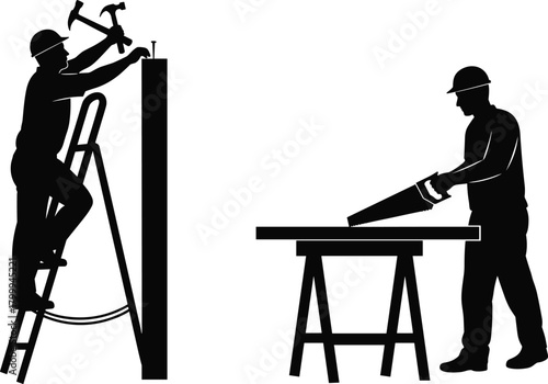 Silhouette of construction workers using tools on ladder and sawing wood on workbench, carpentry and building labor scene for industrial design