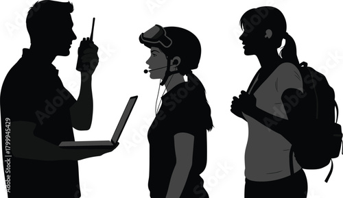 Silhouette of people communicating with laptop, headset, walkie-talkie and backpack, teamwork, training and digital communication concept for modern technology design