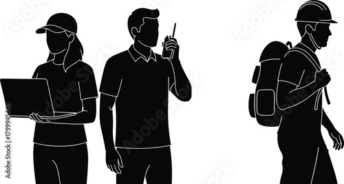Silhouette set of communication and field workers using laptop, walkie-talkie and backpack gear, modern teamwork and outdoor operation illustration