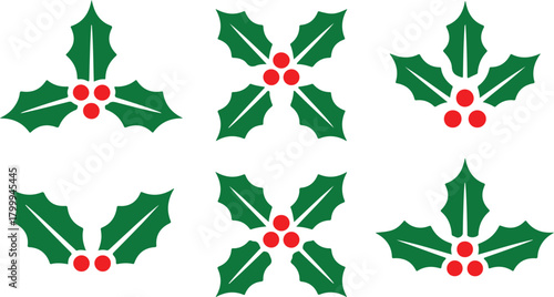 Festive Holly Sprigs A Collection of Christmas and Holiday Season Icon Elements in Various Arrangements for Seasonal Designs and Decorations