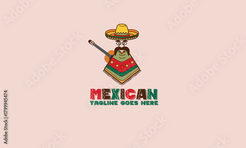 A cheerful cartoon figure with a large sombrero and striped poncho plays a guitar. This simple illustration captures the essence of Mexican culture and folk music. Mexican restaurant logo.