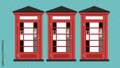 Iconic British red phone booths stand in a row, a vibrant symbol of urban connectivity and classic travel experiences