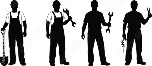 Silhouette set of construction and repair workers holding shovel, wrench, pliers and electrical tools, professional labor team illustration for industrial work