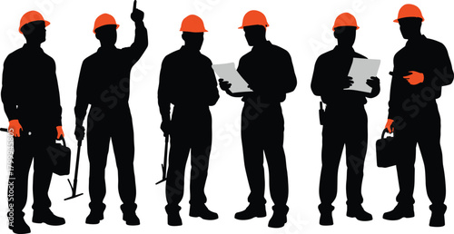 Silhouette set of construction workers wearing orange safety helmets holding tools, plans and equipment, industrial teamwork and site inspection illustration