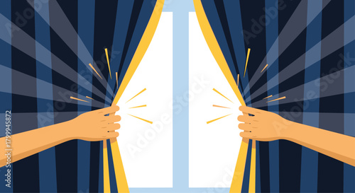 Curtains open revealing bright hope and new beginnings with hands pulling fabric aside