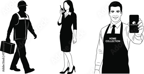 Silhouette worker, businesswoman, and home collection staff illustration showing professional roles, technology use, customer service, uniformed employee, modern workplace concept