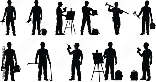 Silhouettes of skilled workers holding tools, representing diverse trades, professions, craftsmanship, teamwork, labor force, engineering, painting, construction, repair