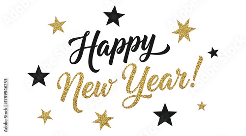 Happy new year text with glittering gold and black stars on a, celebrating the arrival of the new year with festive and sparkling elements, perfect for holiday greetings and party invitations