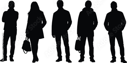 People silhouettes set, group of men and a woman standing, figures in casual winter clothes, coats and jackets, isolated black vector illustration collection.