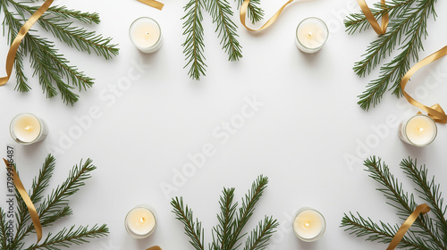 Minimal flat lay Christmas decor
Christmas flat lay with greeting cards, candles, and ribbon
