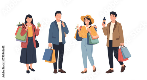 Happy shoppers carrying colorful bags and enjoying their purchases, capturing the joy of retail therapy and a successful shopping spree