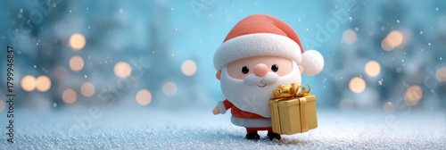 Adorable christmas santa claus holding golden gift box in a snowy wonderland