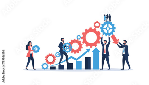 Dynamic business team collaborates to drive growth with interlocking gears and upward trending graph elements symbolizing success