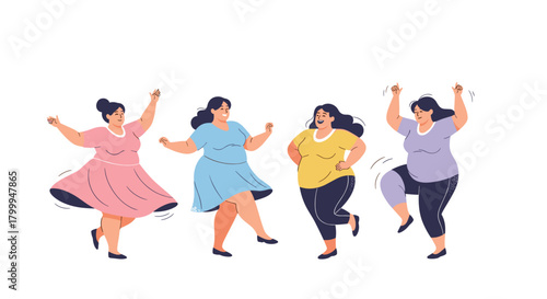 Joyful diverse women celebrating freedom and happiness with energetic dance moves in vibrant, modern style