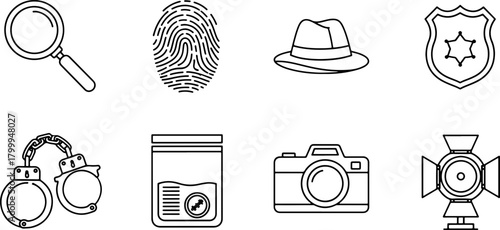 Unraveling mysteries with this detective toolkit featuring a magnifying glass, fingerprint, fedora, badge, handcuffs, evidence bag, camera, and studio light – perfect for crime themes