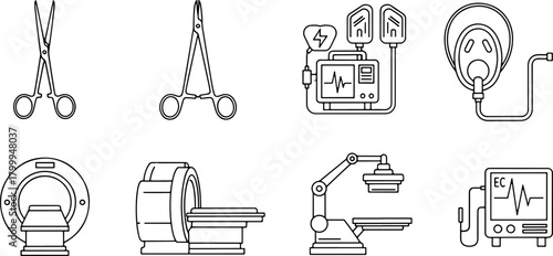 Essential medical equipment line art for hospitals and clinics, featuring modern tools for surgery, diagnosis, and patient monitoring in healthcare settings